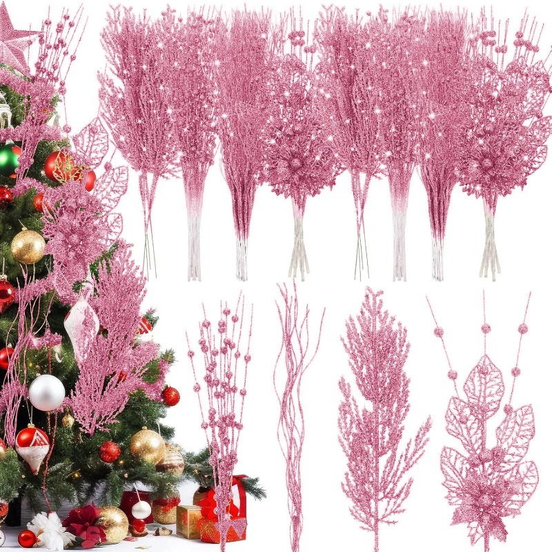 Florist Supply Bulk - 12 個ピンククリスマスツリーデコレーション人工グリッターステムクリスマスツリーハンギングナヴィダードベリーフラワーギフト新年ホームデコレーション